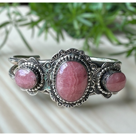 VTG Irv Monte Navajo Cuff Bracelet Size 6 Pink Rhodochrosite Cabs Sterling 43.7g - Picture 1 of 10